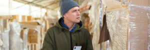 Man with a winter hat on trying to stay warm in a cold warehouse