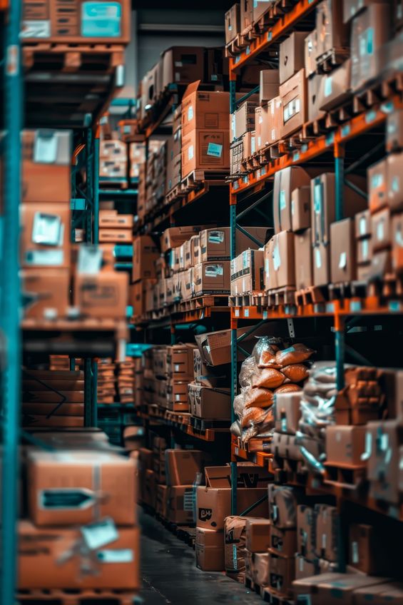 E-commerce warehouse with shelves stocked with boxes