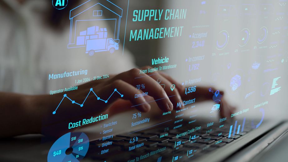 Supply chain management interface showing delivery routes, warehouse efficiency, cost savings, vehicle tracking, procurement ROI, and contract stages. Futuristic supply chain monitoring system.
