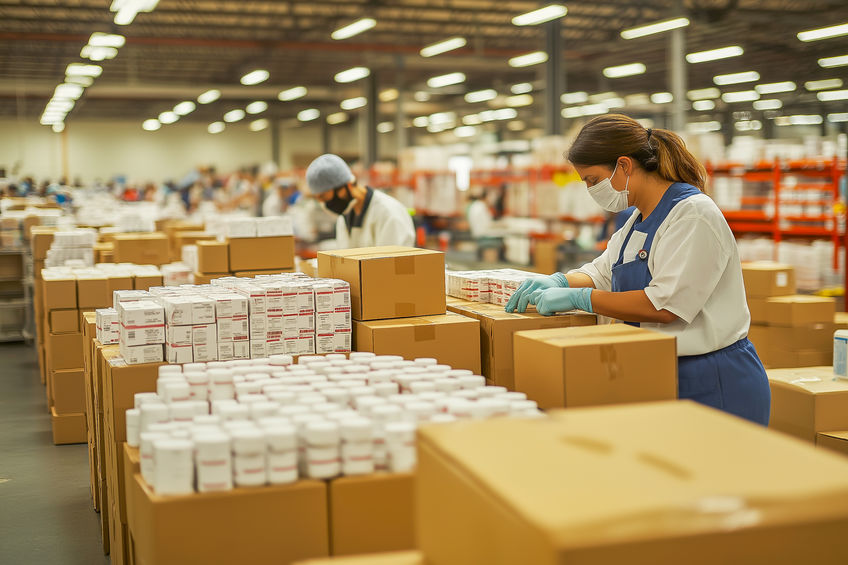 A spacious pharmaceutical warehouse with a team of workers efficiently packing, labeling and preparing boxes of medical supplies