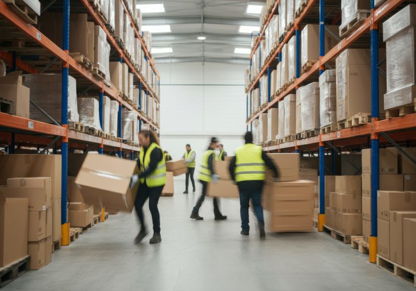 warehouse workers in safety vests moving boxes on shelves in organized storage facility.